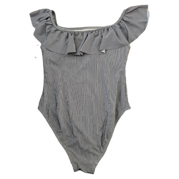 Uncommon Sense Blue & White Striped Ruffle One Piece Swim Suit Size Large - Picture 2 of 6